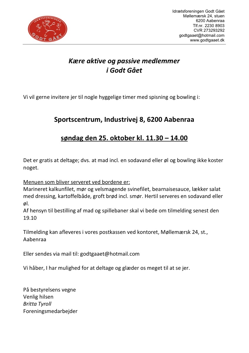 Invitation til spisning og bowling